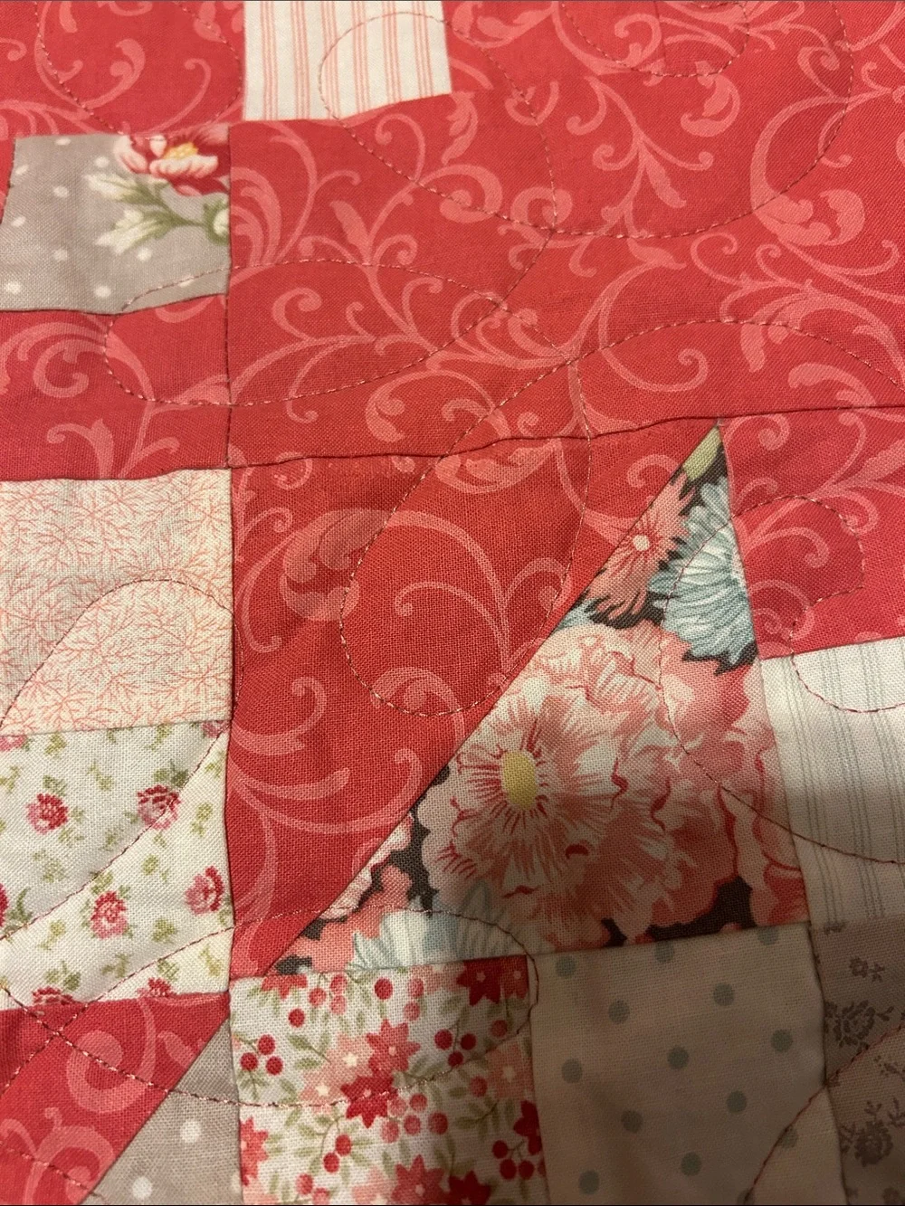 ONE OF A KIND - HANDCRAFTED  Coral and Gray Quilt - Floral